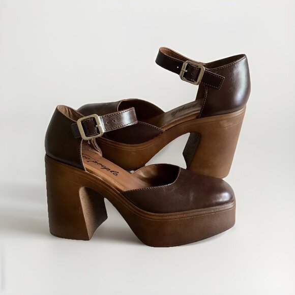 Free People Gwen Platform Mary Janes Pecan Brown Chunky Heel Clogs Retro Size 7 - Picture 1 of 8